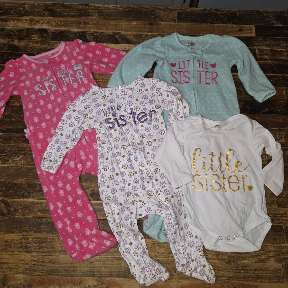 Baby Girl 6-9 Mo 4 piece Lot Pajamas Top Pastels Sleepers Little Sister Bundle